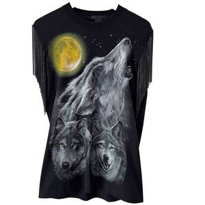 Double Side Wolf Print Black Shirt Fringe Chain Sleeves By Avion En Papier RARE